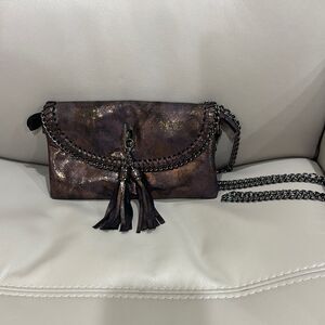 Sondra Roberts Squared Metallic Vegan Leather with Chain Crossbody